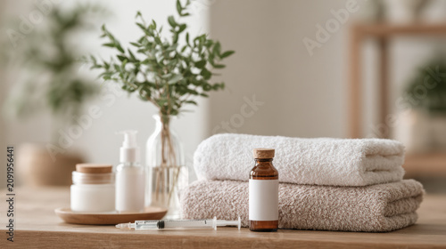 Aesthetic clinic syringe injection vial towel skincare serene spa workspace with folded towel, cosmetic bottle, cream jar