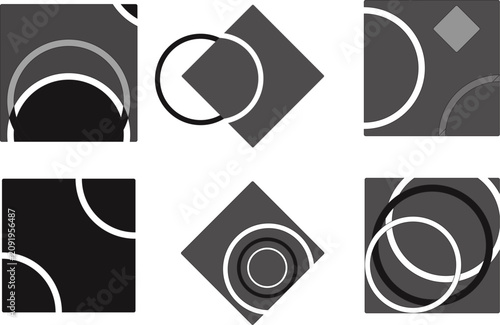 Modern Monochrome Geometric Abstract Vector Set with Circles, Squares and Minimal Shape Composition