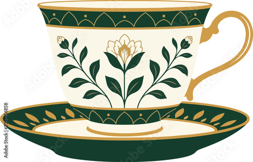 Vintage Floral Tea Cup and Saucer Vector Illustration