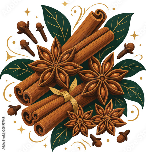 Cinnamon Sticks Star Anise and Cloves Spice Composition Vector Illustration