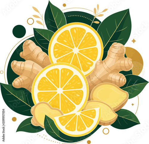 Lemon and Ginger Fruit Botanical Composition Vector Illustration