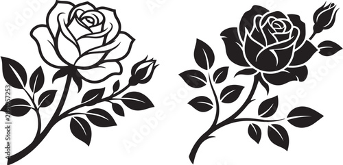 Rose Flower Branches Set Black and White Vector Illustration