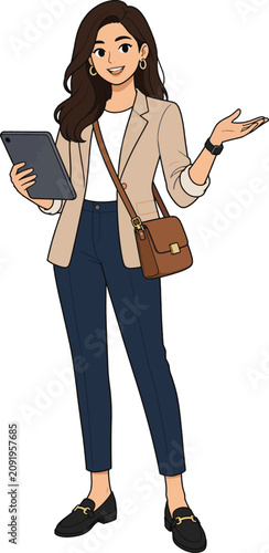 Young Female Professional with Tablet and Shoulder Bag Vector Illustration