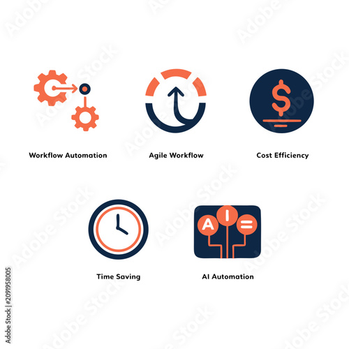 Workflow optimization and efficiency solid icon set. Featuring workflow automation, agile workflow, cost efficiency, time saving, and ai automation. Editable vector glyphs for work and productivity.
