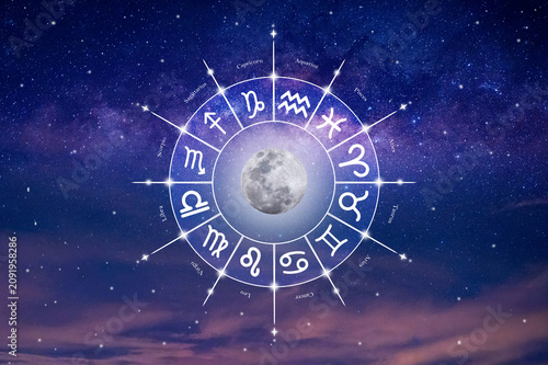Quadro su tela A Western astrological circle containing the 12 zodiac symbols against a beautiful, colorful star-filled space background