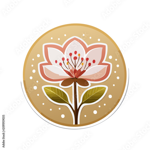 Pink flower with green leaves in circular frame vector