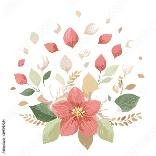 Pink flower bouquet with scattered petals and leaves vector