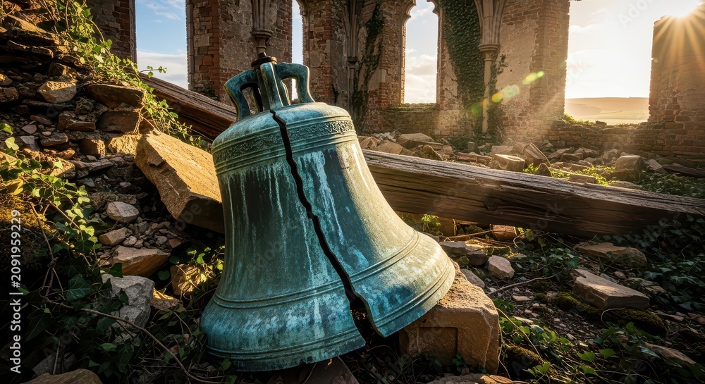 Obraz premium A cracked bronze bell lies in the ruins of an ancient structure.