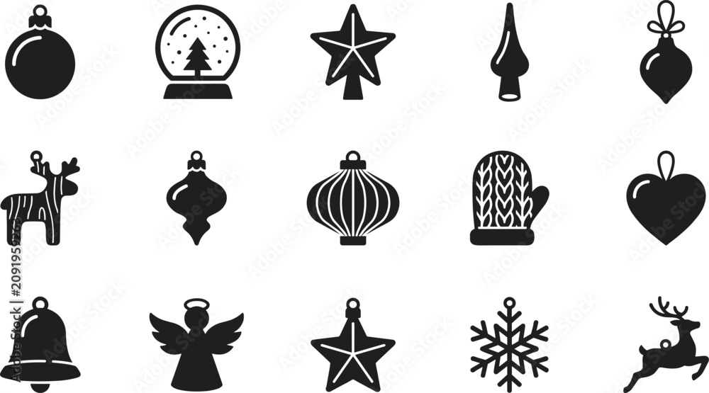 Naklejka premium Set of black christmas ornaments icons featuring stars baubles reindeer bell snowflake mitten and angel for holiday design