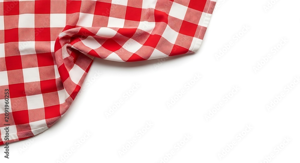 Fototapeta premium Red and white checkered tablecloth on white background with copy space for design