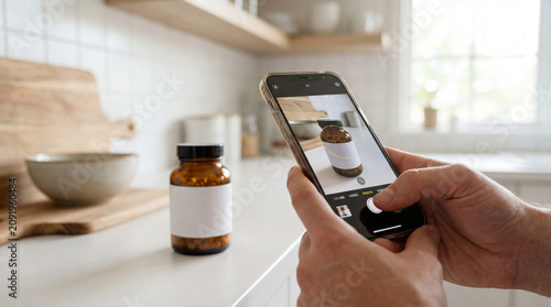 Scanning infant supplement bottle with smartphone, baby wellness, infant supplements, baby probiotics, infant microbiome, baby gut health, prebiotic formula, clean label baby food, organic baby nutrit