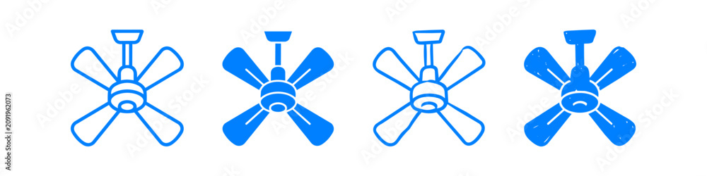 Wall Mural Four blue ceiling fan icon styles: outline, solid, hand-drawn, and textured