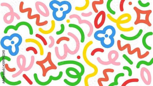 Colorful doodle pattern with flower shapes, curves and zigzags. Seamless endl...