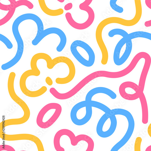 Abstract doodle pattern with colorful curves, curls. Endless festive backgrou...