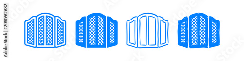 Four blue hand-drawn gate icons and folding screen doodles with lattice patterns. Decorative architectural elements for garden or interior design concepts.