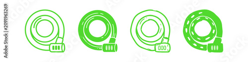 Slika na platnu Set of four green coiled bicycle combination lock icons in various graphic styles like line art and flat design, isolated on white