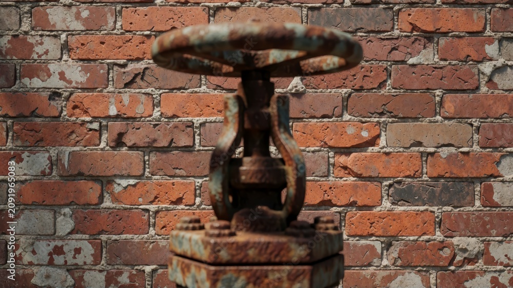 Fototapeta premium Close up of a weathered industrial valve handle against a rustic red brick wall background