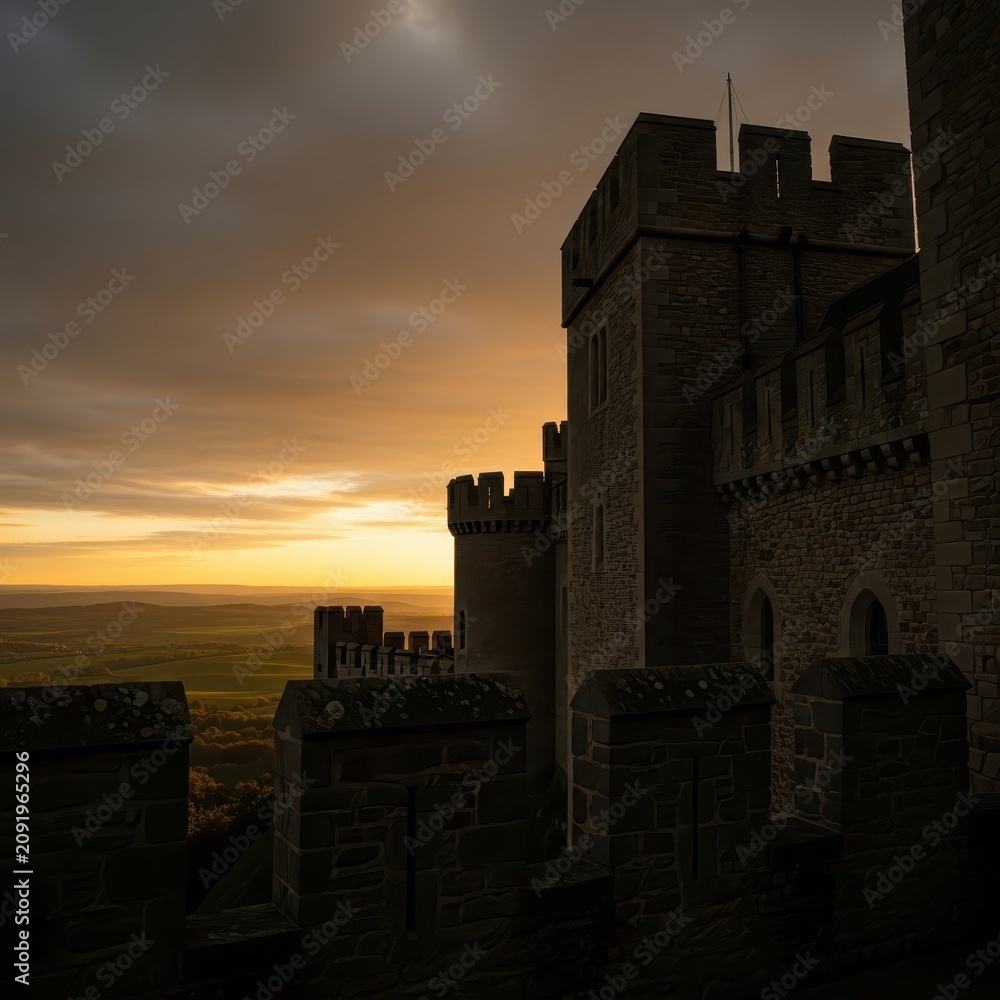 Fototapeta premium Ancient stone castle battlements silhouetted against a dramatic sunset sky