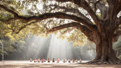 Serene group meditation under majestic oak tree in sunlit forest