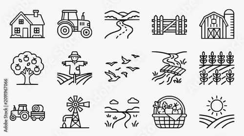 Bild auf Leinwand Modern Black and White Line Art Icons Set Featuring Farmhouse Agriculture and Co
