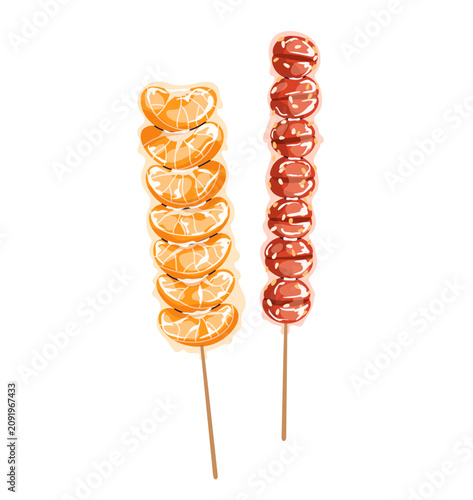 Tanghulu sticks, sweet street food, Asian Korean snack. Sugar-coated fruit ca...