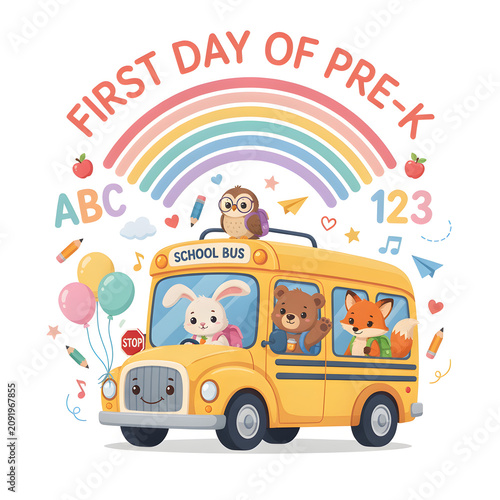 School bus transporting a group of happy animals celebrates the start of the pre-kindergarten year.