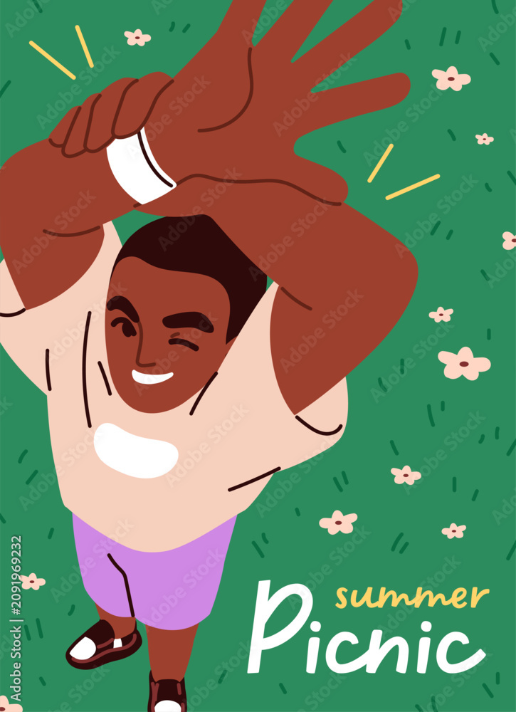 Fototapeta premium Summer holiday picnic poster design with happy smiling black man on grass, meadow, view from top, above. Young male character relaxing outdoors on lawn with flowers, card. Flat vector illustration