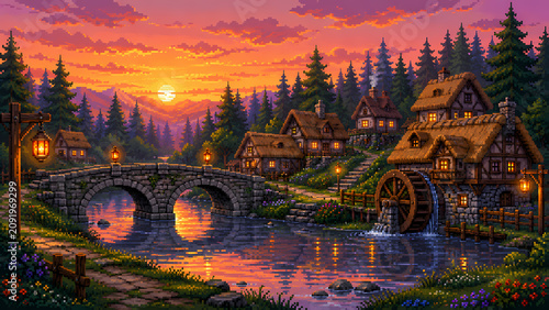 Pixel Art Medieval Village River Background