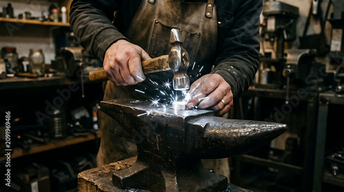Close up of silversmith hands using a hammer to shape a silver ring on an anvil with bright sparks flying inside a dark traditional jewelry workshop