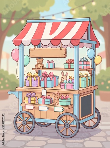 Colorful gift cart with presents and toys.