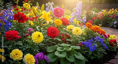 Vibrant Garden Blooming with Colorful Flowers Under Sunlight.
