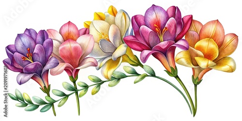 Colorful flowers bouquet with green leaves - Vibrant watercolor-style flowers in purple, pink, and yellow tones with delicate green foliage.
