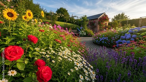 Vibrant Garden Path Lined with Colorful Flowers and Sunflowers.