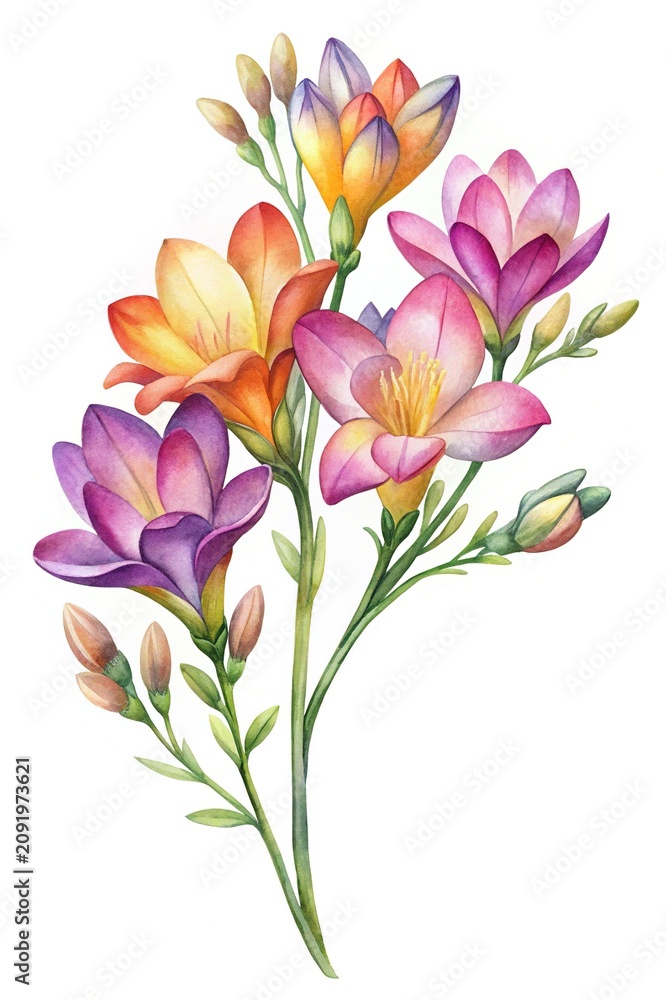 Obraz premium Colorful flowers bouquet with green stems - A vibrant bouquet of mixed flowers in soft pastel and bright colors with delicate green stems.