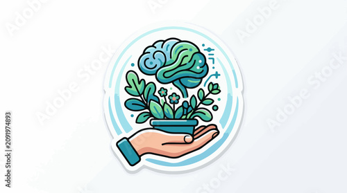 A hand holds a potted plant with a brain growing out of it