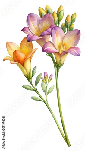 Beautiful purple and orange flowers on green stem - Illustrated bouquet of soft purple and orange blooming flowers with green leaves and stem, perfect for nature or floral designs.
