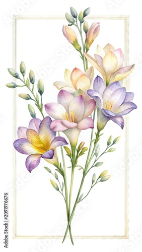 Watercolor flowers bouquet with green stems - Soft watercolor floral bouquet featuring delicate blooms and slender green stems in a natural style.