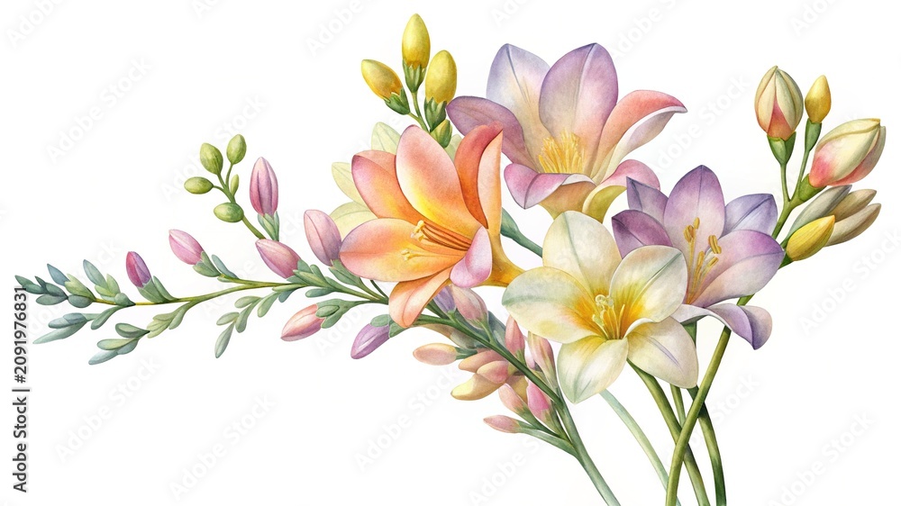 Obraz premium Soft watercolor flowers on a branch - Delicate watercolor flowers in soft pastel shades growing on a natural branch with green leaves.