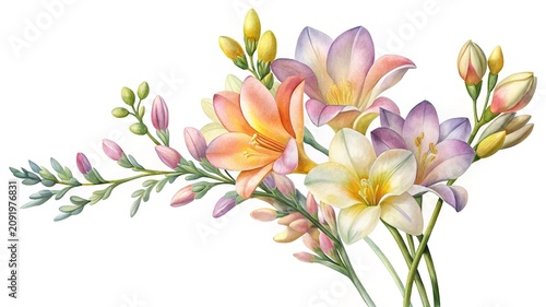 Soft watercolor flowers on a branch - Delicate watercolor flowers in soft pastel shades growing on a natural branch with green leaves.