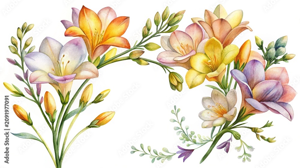 Obraz premium Watercolor flowers and leaves bouquet illustration - Soft watercolor flowers and leaves bouquet with delicate pastel shades for artistic and elegant designs.