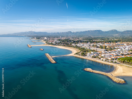 Aerial View Of Mediterranean Coastal Town With Sandy Beaches, Cambrils, Spain