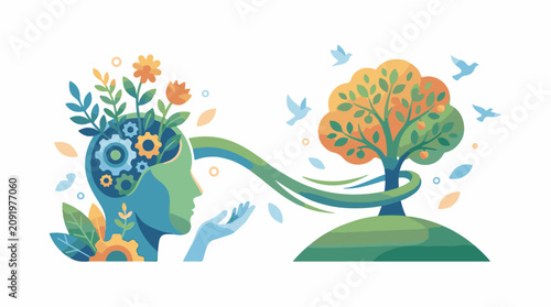 A colorful illustration of a human head with plants growing out of it connecting to a tree