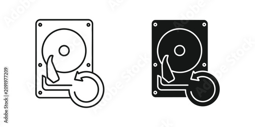 Hard drive disk set with circular refresh arrow symbol in outline and solid black for data backup storage