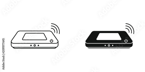 Wireless router device with signal waves and power button in outline and solid black styles internet