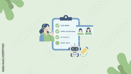 Fototapeta kuchenna Helpful AI assistant writing notes on a task list alongside a customer support representative using a headset.