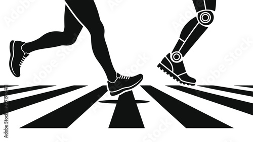 Bild auf Leinwand Human Leg Outrunning Robot Leg at Finish Line, Concept of Humanity Winning Again