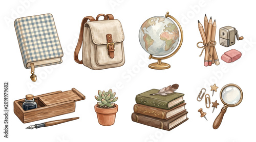 Vintage academic school stationery elements set watercolor illustration with book backpack globe pencil sharpener inkwell plant magnifying glass isolated