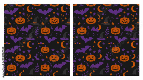 Halloween Bat Pumpkin Seamless Pattern — 
Ink Black Burnt Orange Purple Spooky 
Repeat Vector Textile Background Design