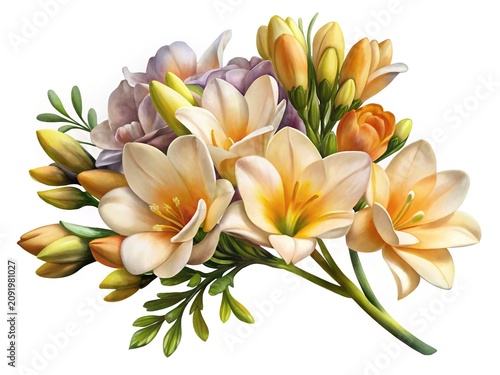 Beautiful bouquet of cream flowers with green leaves - Soft watercolor style bouquet with delicate cream flowers and fresh green leaves for elegant designs and nature themes.