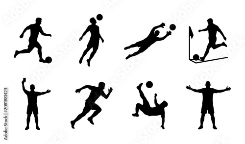 Foto Dynamic Soccer Player Silhouettes, 8 Action Poses Vector Set, Football Game Figu